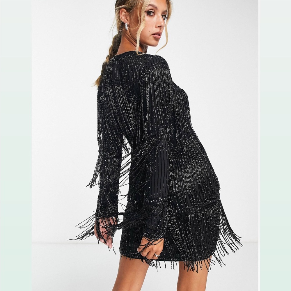 US6/M embellished shift mini dress beaded fringe tassels layered - Picture 3 of 6